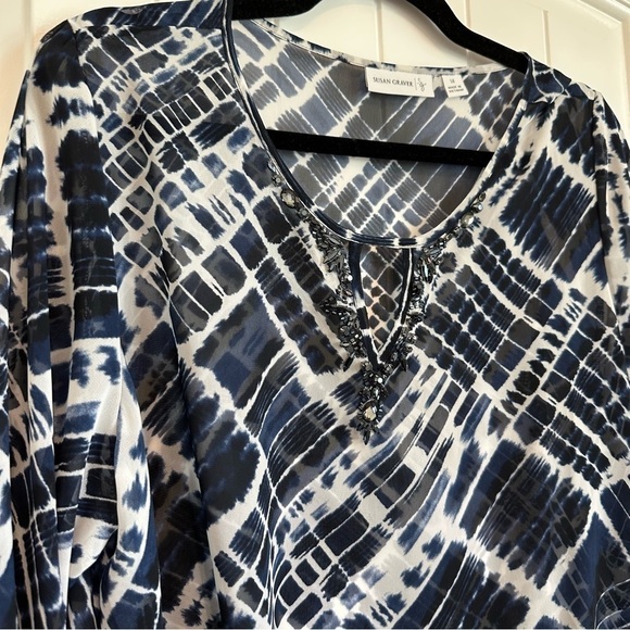 Susan Graver sheer navy and white tunic beaded neck three fourths sleeve size 14 - Picture 2 of 11